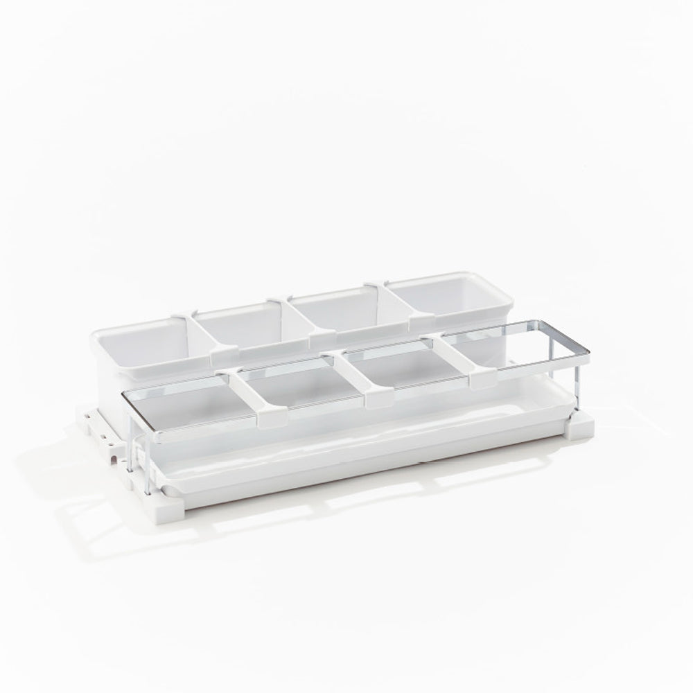 Ein weißer rechteckiger Kunststoff-Organizer mit vier offenen Fächern und einem Metallgriff, entworfen für das YouboXx Einhängeboxen Set 2 - für DISPENSA junior III, abgebildet auf einem schlichten weißen Hintergrund.