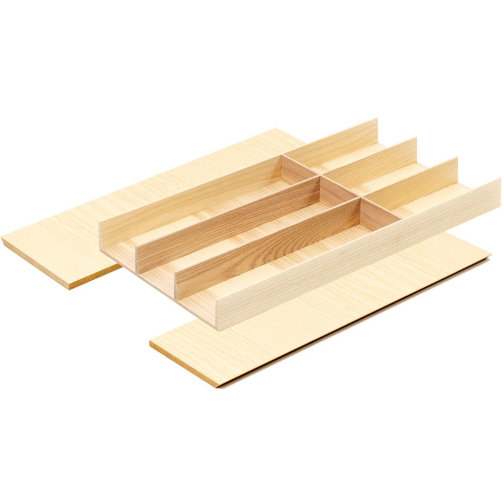 Der FineLine LiniQ Besteckeinsatz - Besteckkasten verfügt über zwei rechteckige Eschenholzplatten und ein Holzgitter mit vier Fächern, die sich perfekt für die Küchenorganisation oder den Einsatz in Schubladen eignen.