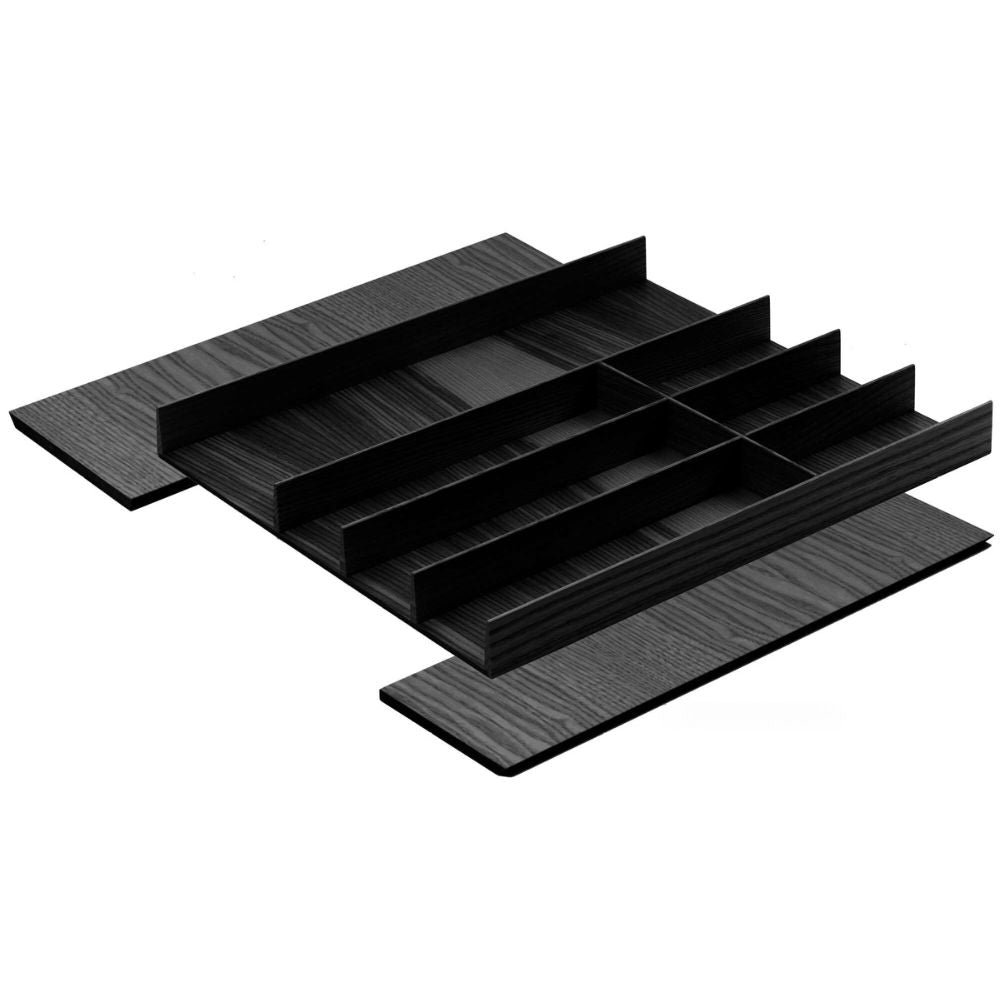 Der FineLine LiniQ Besteckeinsatz - Besteckkasten ist ein schwarzer Eschenholz-Schreibtisch-Organizer mit mehreren Fächern für effiziente Küchenorganisation und Sortierung, abgebildet auf weißem Hintergrund.