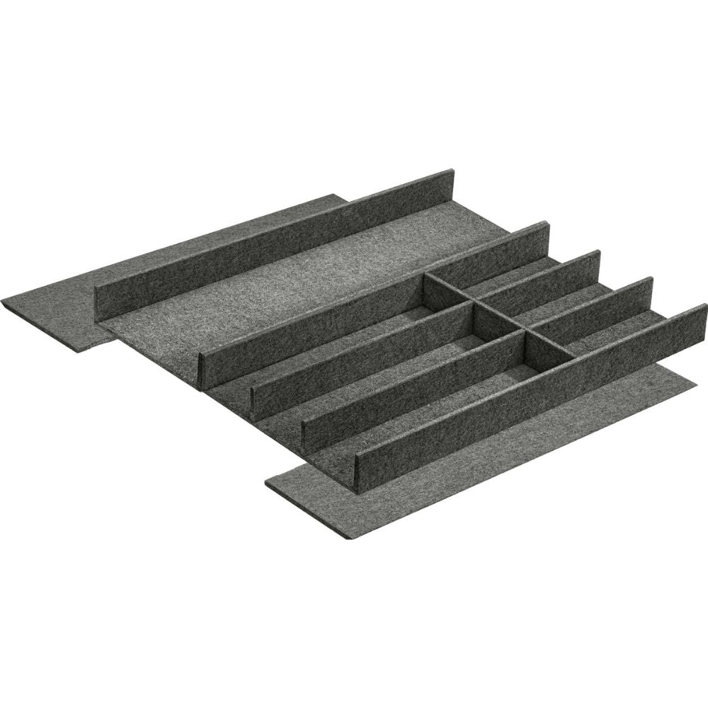Der FineLine LiniQ Besteckeinsatz - Besteckkasten ist ein grauer, modularer Filzschubladen-Organisator mit mehreren langen und kurzen Trennwänden in einem Rastermuster für eine effiziente Küchenorganisation, hier zerlegt und flachgelegt dargestellt.
