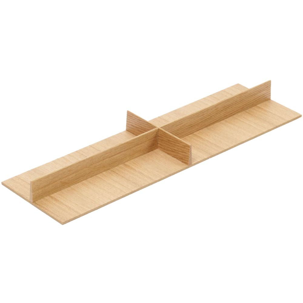 Der FineLine LiniQ Kreuzeinsatz ist ein modularer Schubladenteiler mit einem einfachen, ineinander greifenden Design, das vier Fächer in Kreuzform bildet, gefertigt aus hellem Holz.