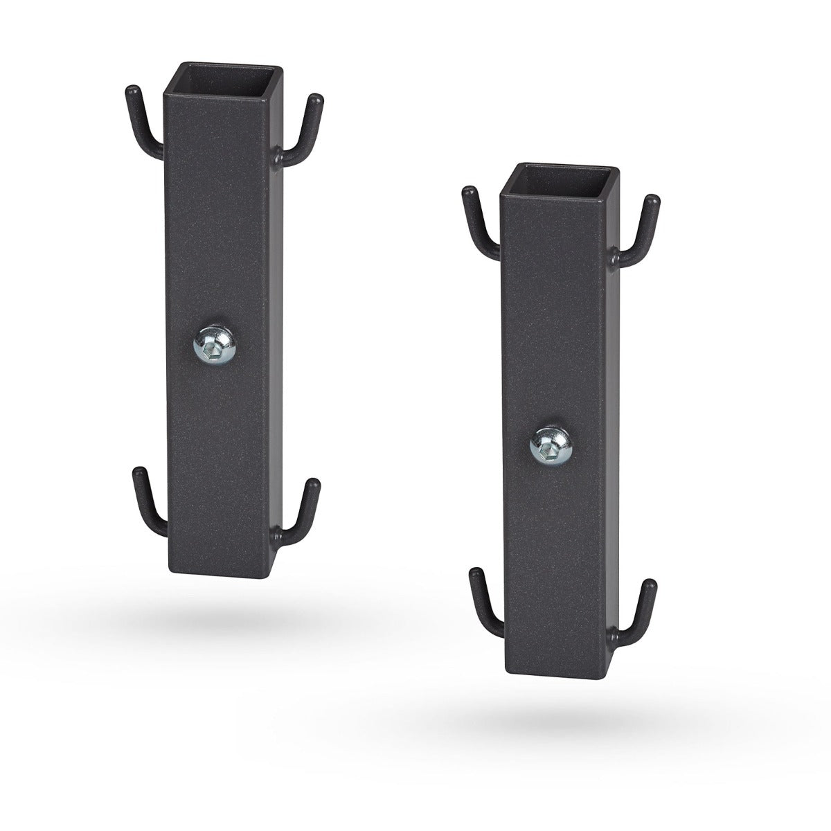 Zwei anthrazitfarbene Korbhalter DISPENSA-X für verstellbare Kesseböhmer Tragrahmen, jeweils mit vier Haken und einer zentralen Schraube, dargestellt auf weißem Hintergrund.