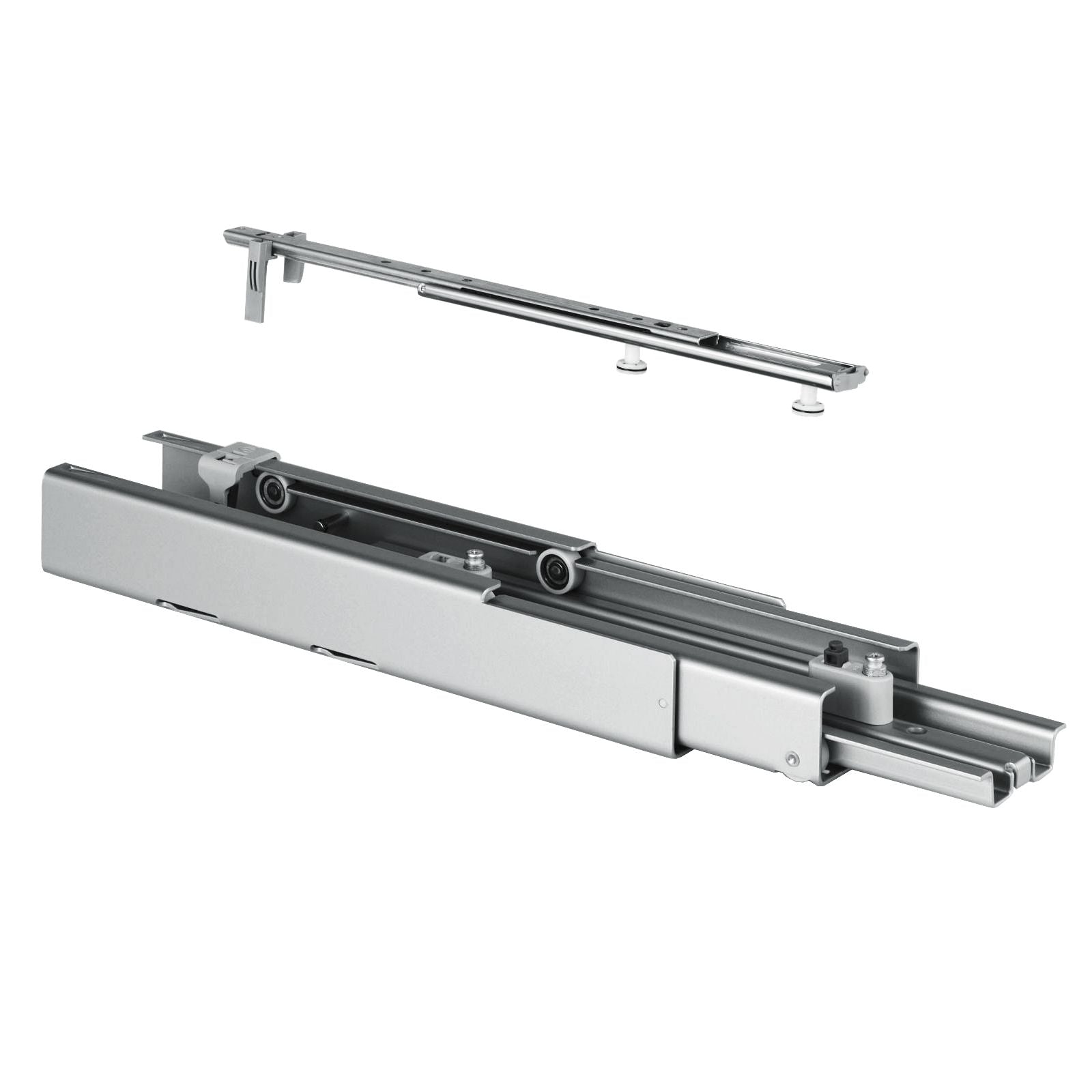 Der VVSx Vollauszugsbeschlag silbergrau, ein Ersatzteil für den DISPENSA-X Apothekerauszug von Kesseböhmer, zeigt eine lange Laufschiene und eine schlanke Metallstange mit Bügeln auf weißem Grund.
