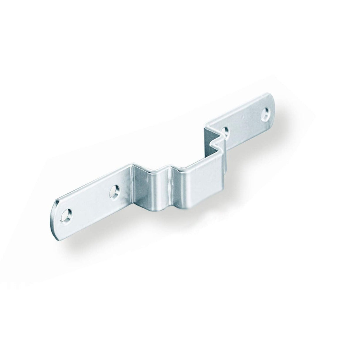 Silbergrauer Frontstabilisator DISPENSA von Kesseböhmer (160 x 20 x 28 mm) für Furnier- oder Vollholzfronten, mit vier Schraublöchern und mittlerer Biegung, auf weißem Hintergrund abgebildet.