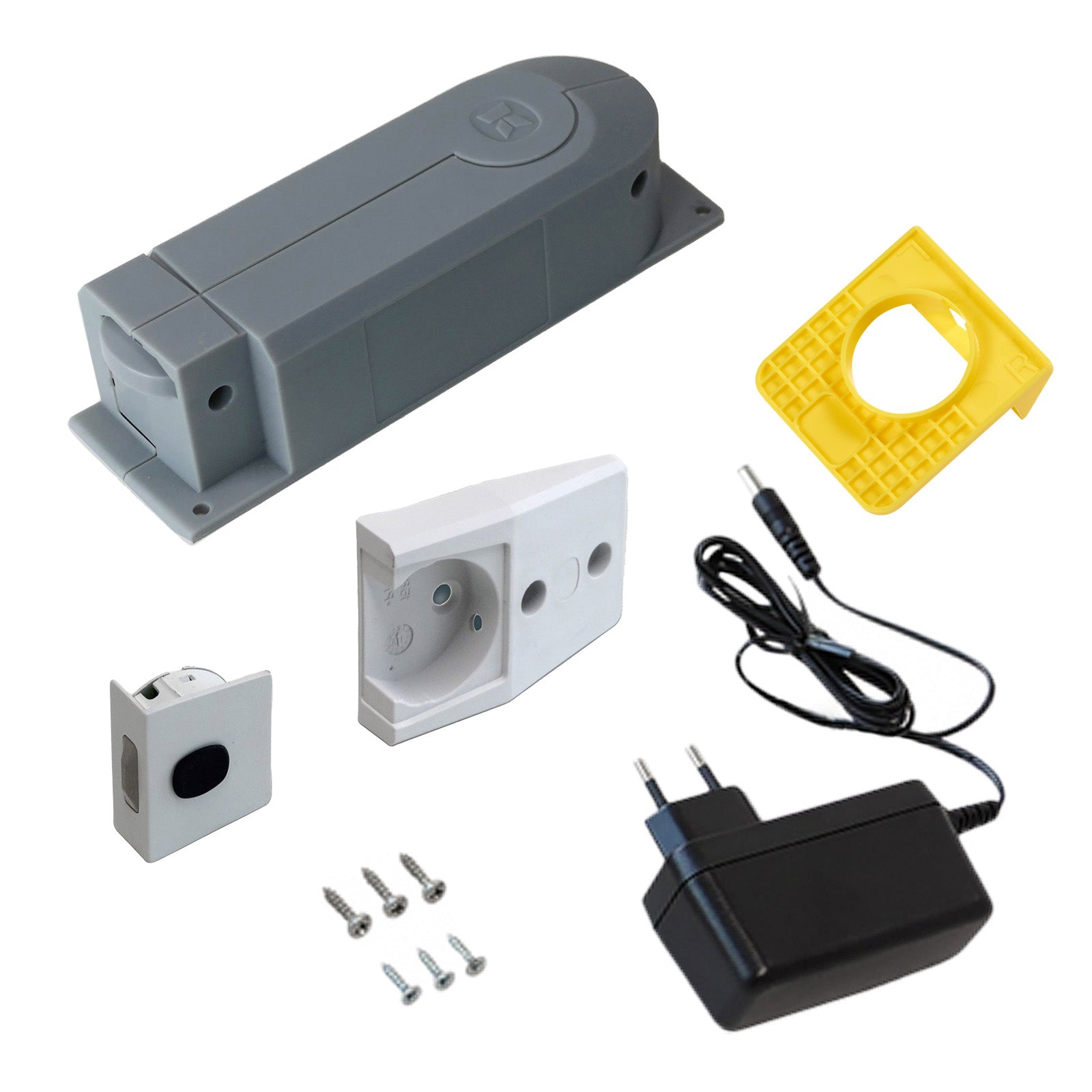 Ein Satz elektronischer Komponenten für den eTouch+ Antrieb/Motor für DISPENSA-VVSx, CONVOY Centro/Premio Apothekerauszüge (Kesseböhmer), bestehend aus einem grauen Gerät, einer Wandsteckdose, einer gelben Halterung, einem Netzadapter, einem Sensor und Schrauben.