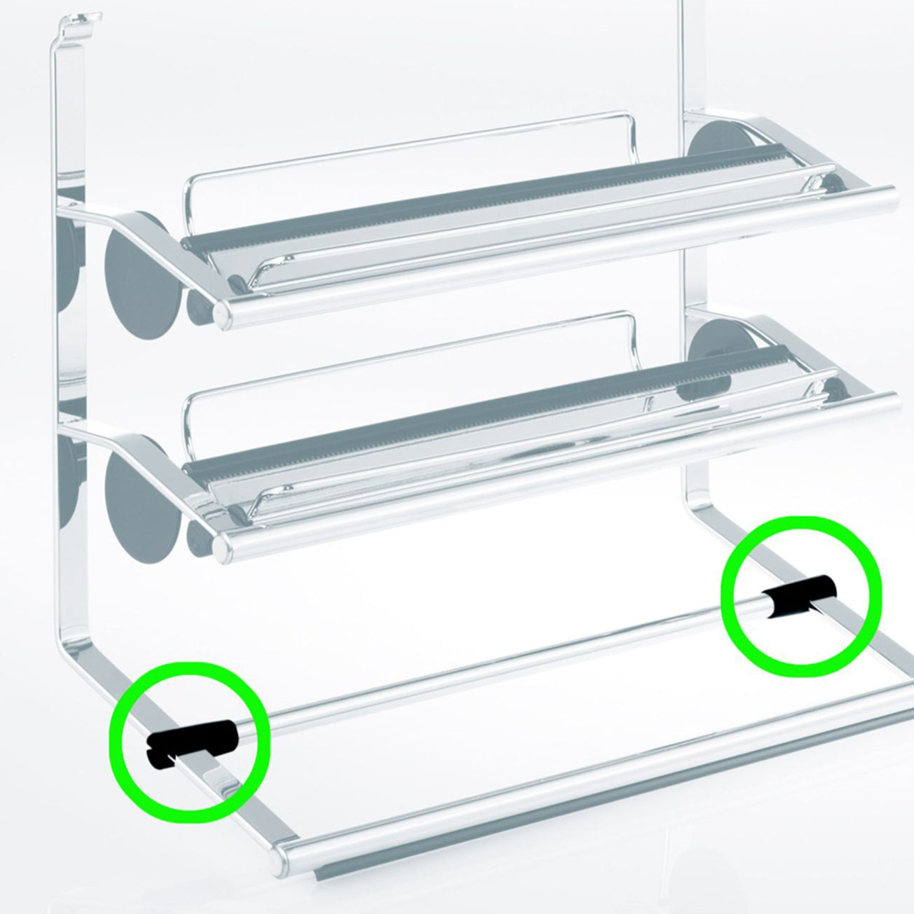 Ein durchsichtiges, zweistufiges Linero 2000-Regal ist mit schwarzen Kunststoffaufnahme für Rollenhalter Linero 2000-Klebepads ausgestattet, die im unteren Bereich durch grüne Kreise hervorgehoben sind und zur Befestigung des Regals an einer Oberfläche dienen.