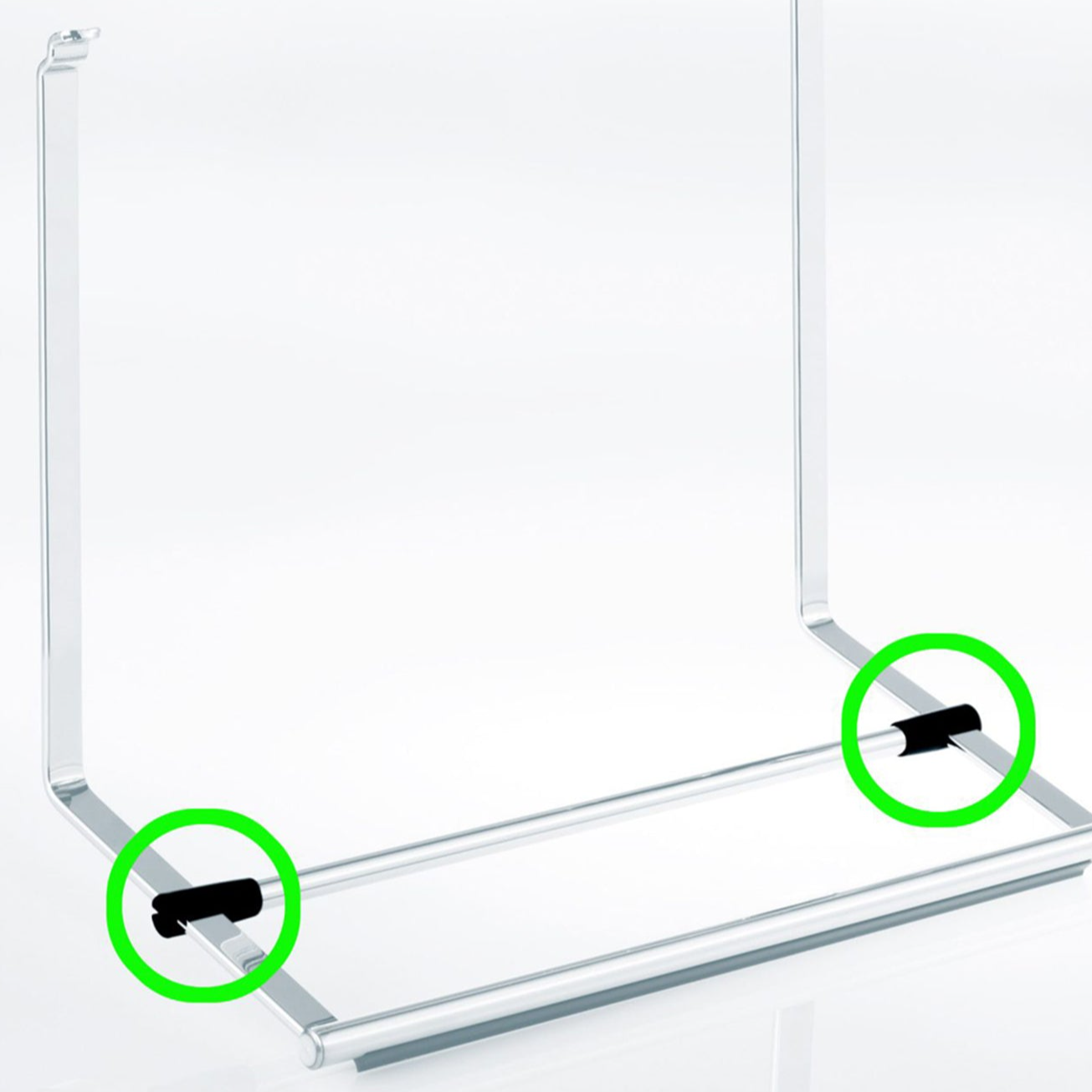 Der Metallrahmen besteht aus zwei horizontalen Stäben an der Basis, deren Enden jeweils mit einem grünen Kreis markiert sind, der eine kleine schwarze Kunststoffaufnahme für Rollenhalter Linero 2000 zeigt, die an den Stäben befestigt ist.