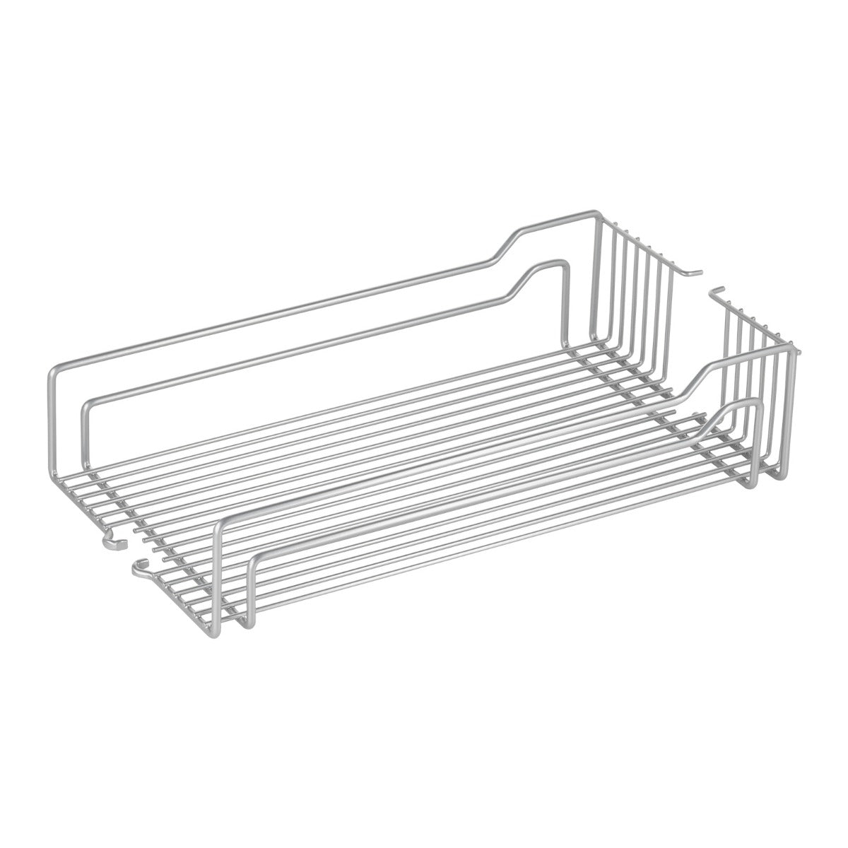 Der DISPENSA Einhängekorb silbergrau 300-400 mm ist ein rechteckiger Drahtkorb mit offenen Seiten und erhöhtem Rand, passend für DISPENSA-X, junior und Swing/Kesseböhmer - ideal für Küchenaufbewahrung im Apothekerschrank.