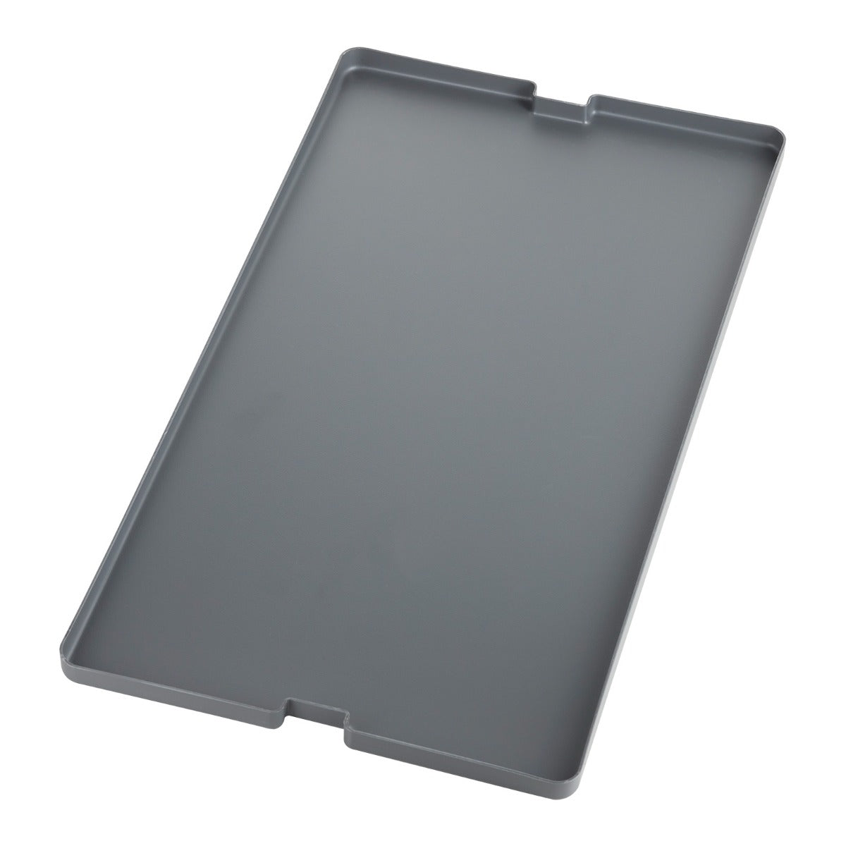 Rechteckiges, anthrazitfarbenes Kunststofftablett mit hochgezogenen Rändern und seitlichen Einkerbungen - ideal zur Aufbewahrung in der Küche oder als Einsatz im Kesseböhmer DISPENSA-X, junior, Swing Apothekerauszugskorb (300-400 mm).