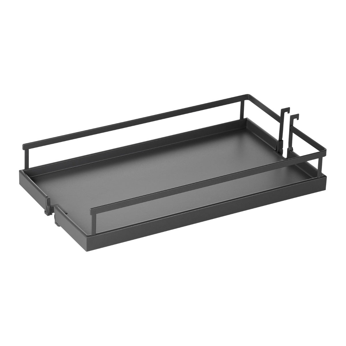 Der DISPENSA Einhängetablar anthrazit ARENA style 300-400 mm, passend für DISPENSA-X, junior & Swing/Kesseböhmer, ist ein elegantes schwarzes Metalltablett mit hochgezogenen Kanten, Seitenschienen und Haken - ideal für die Küchenaufbewahrung im Apothekerschrank.