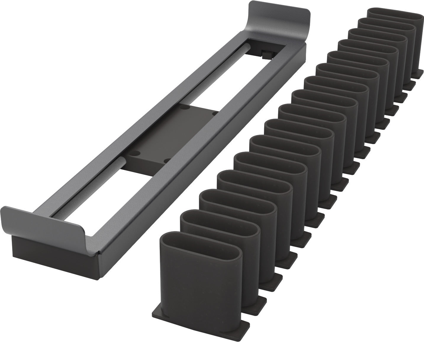 Ein grauer, rechteckiger Metallrahmen mit offener Mitte ist neben einer Reihe von sechzehn identischen schwarzen Haltern abgebildet - perfekt als CONERO Gürtel- und Krawattenhalter (Auszug) für Ihren Stauraumschrank.