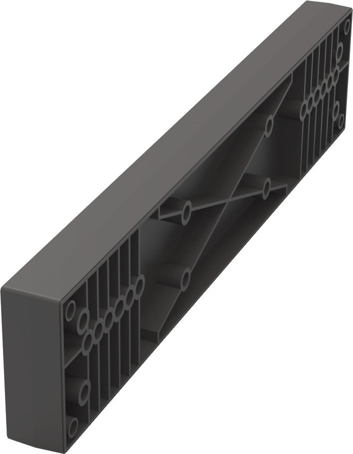 Eine 3D-Darstellung der CONERO Distanzleiste, einer langen, dunkelgrauen Kunststoffleiste mit kreisrunden Löchern und innenliegenden Stützen, die für Schrank Gürtel- und Krawattenauszugssysteme entwickelt wurde.