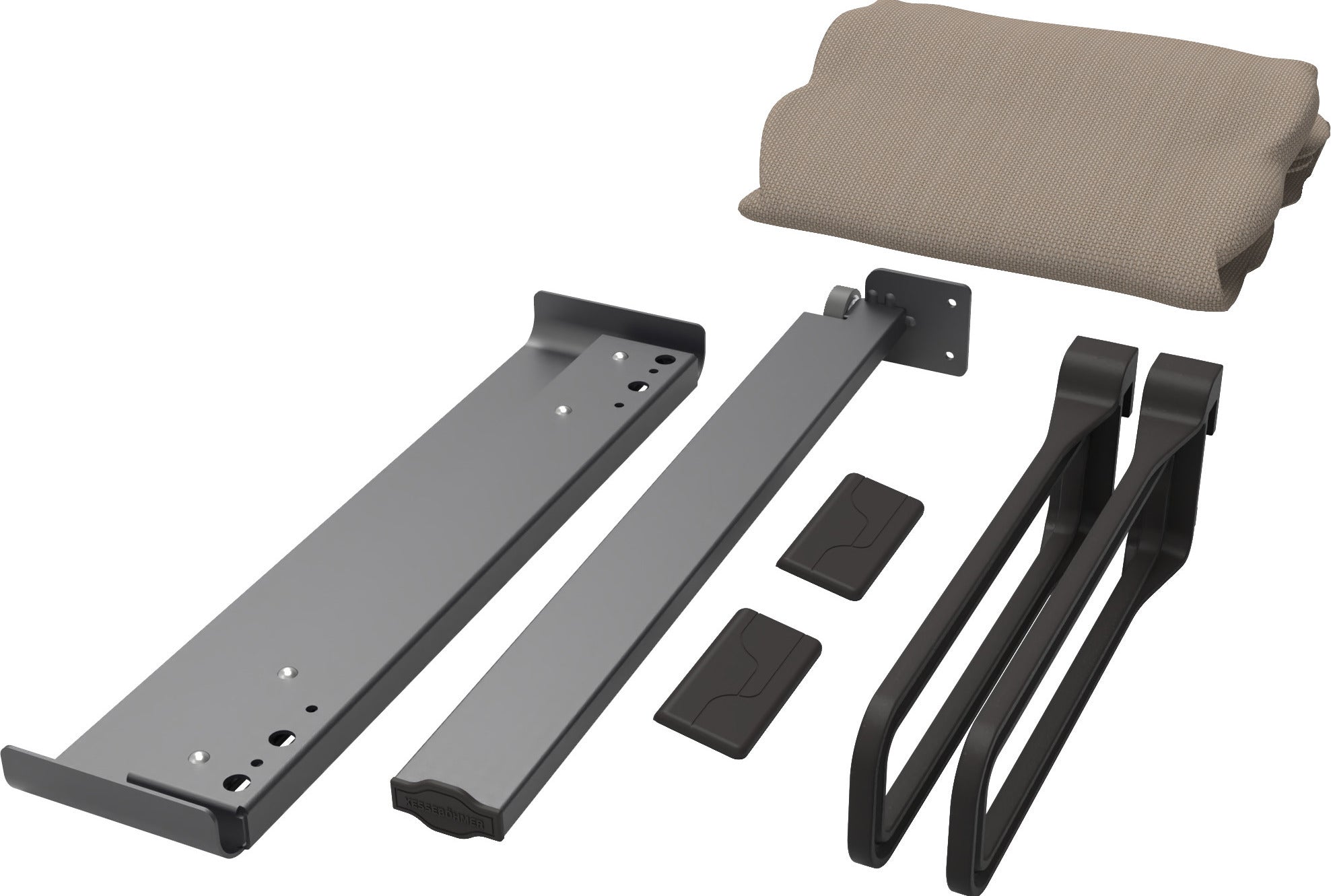 Ein CONERO Funktionsauszug für Wäschekorb, bestehend aus zwei grauen Metallbügeln, zwei schwarzen Griffen, zwei rechteckigen schwarzen Teilen, einem langen grauen Stab und einem gefalteten beigen Kissen auf weißem Grund.
