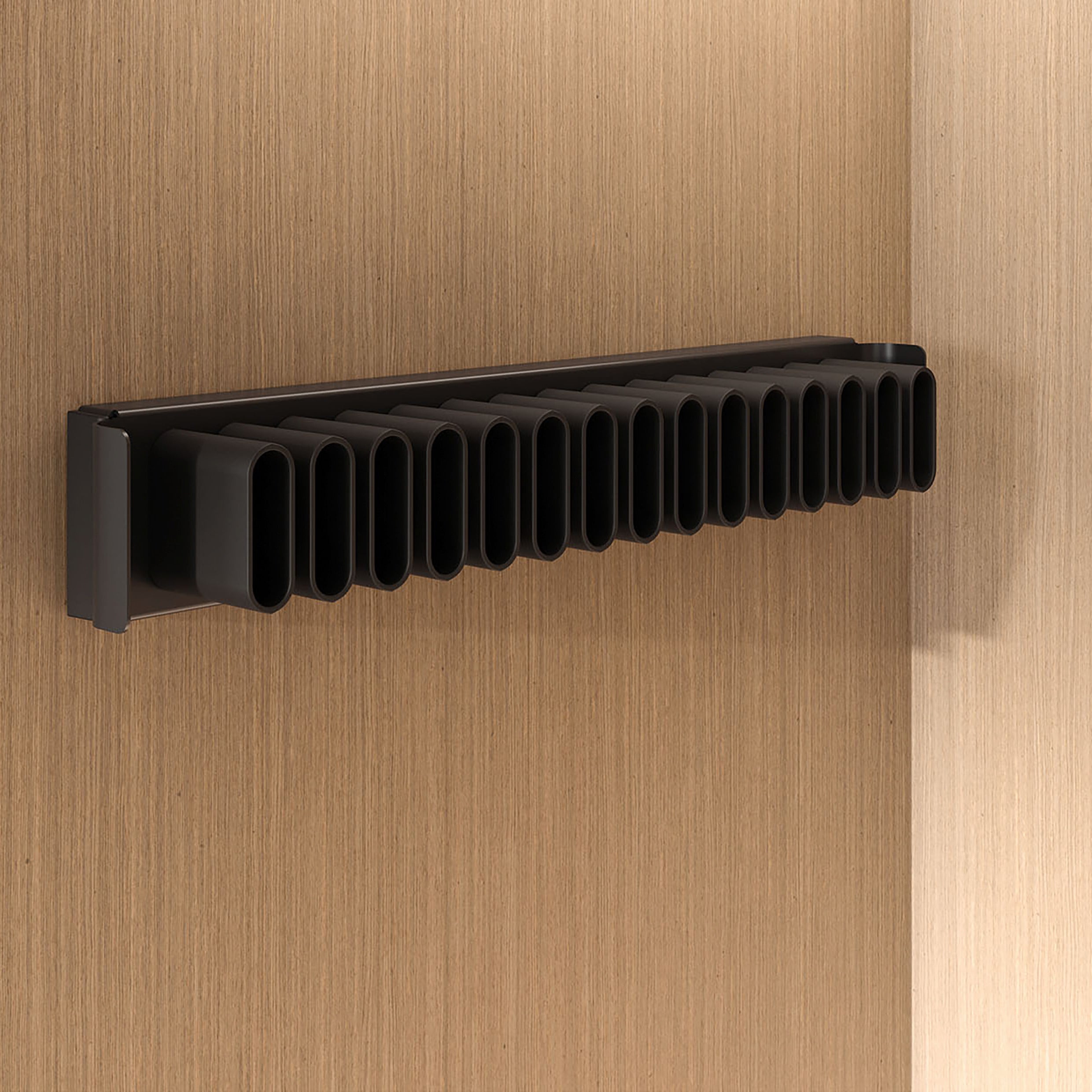 Der moderne CONERO Gürtel- und Krawattenhalter (Auszug) mit mehreren ovalen Haken wird an einer hellen, holzgetäfelten Wand in einem minimalistischen Ambiente angebracht und ergänzt die Stauraum Schrank Designs für eine organisierte Aufbewahrung.