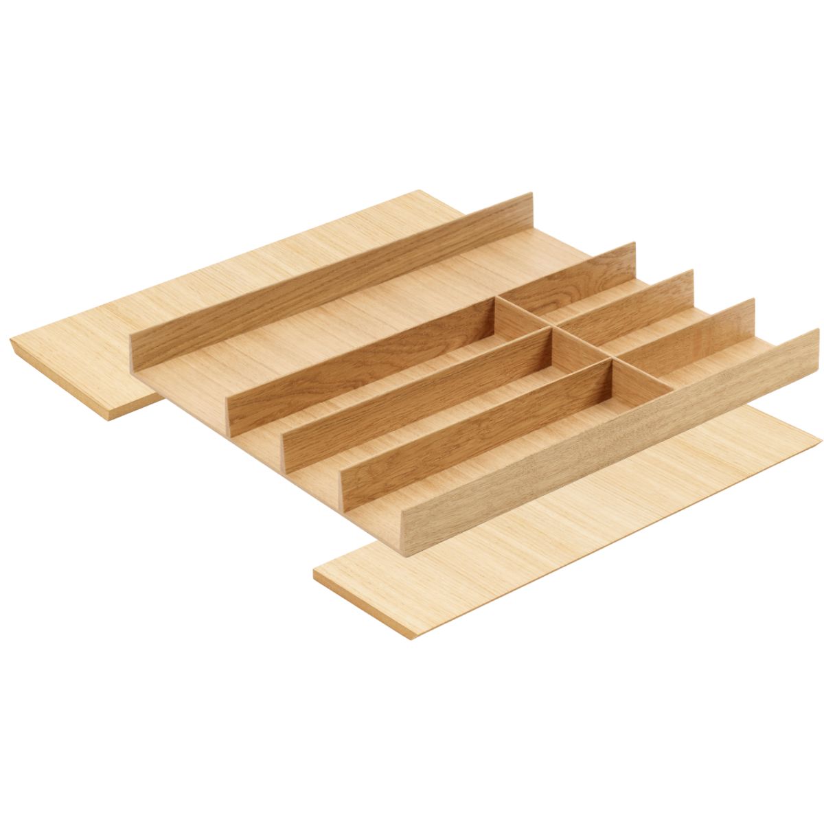 Auf weißem Grund sind mehrere flache Holzplatten teils gestapelt, teils aufrecht angeordnet, die an Teile eines unmontierten FineLine LiniQ Besteckeinsatzes - Besteckkasten für die Küche - erinnern.