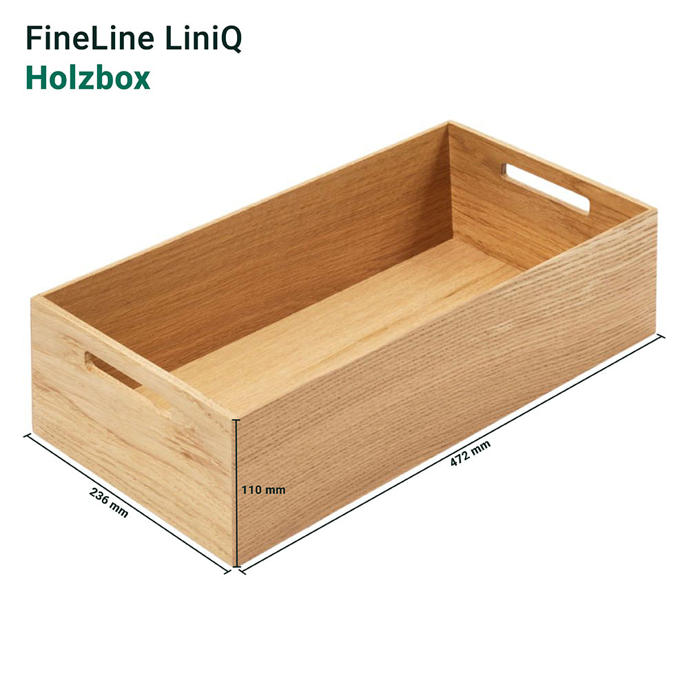 Die FineLine Holzbox mit Grifflöchern ist eine rechteckige Holzbox im funktionalen Design (Maße: 472 x 236 x 110 mm) - idealer Stauraum für verschiedene Utensilien.