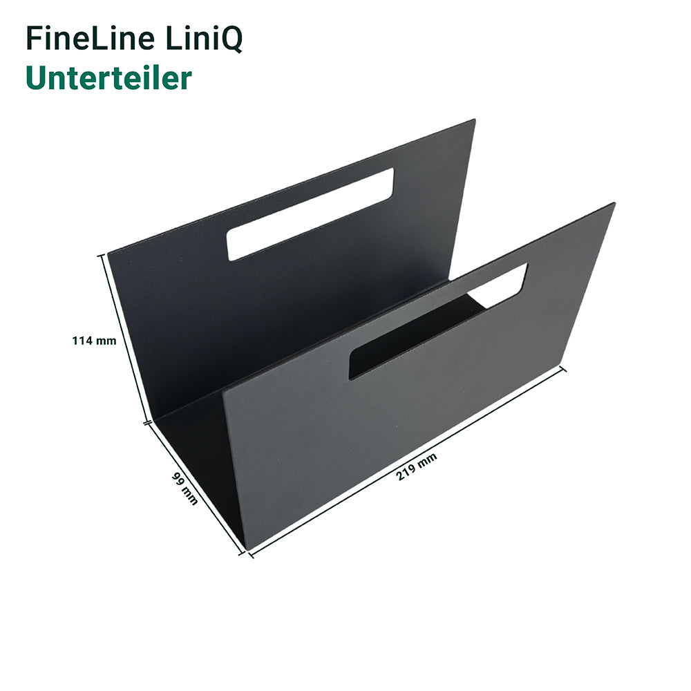 FineLine LiniQ Unterteiler: Schwarzer, rechteckiger Metallteiler mit zwei Griffaussparungen, Maße 219 mm (L) x 114 mm (H) x 89 mm (B).