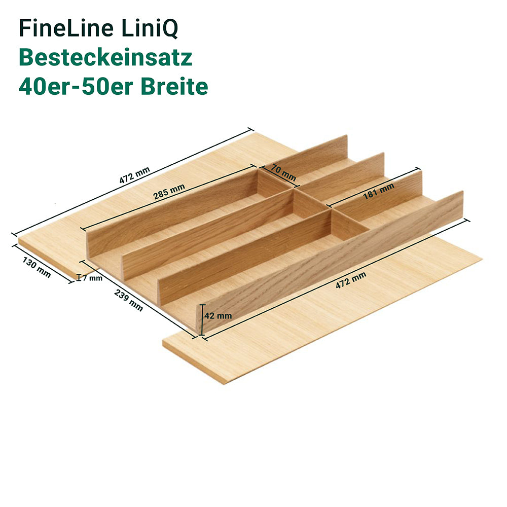 Minimalistisches Design: Der FineLine LiniQ Besteckeinsatz - Besteckkasten aus Holz mit Millimeterangaben passt in 40-50 cm breite Schubladen und sorgt für stilvolle Organisation Ihres Küchenutensils.