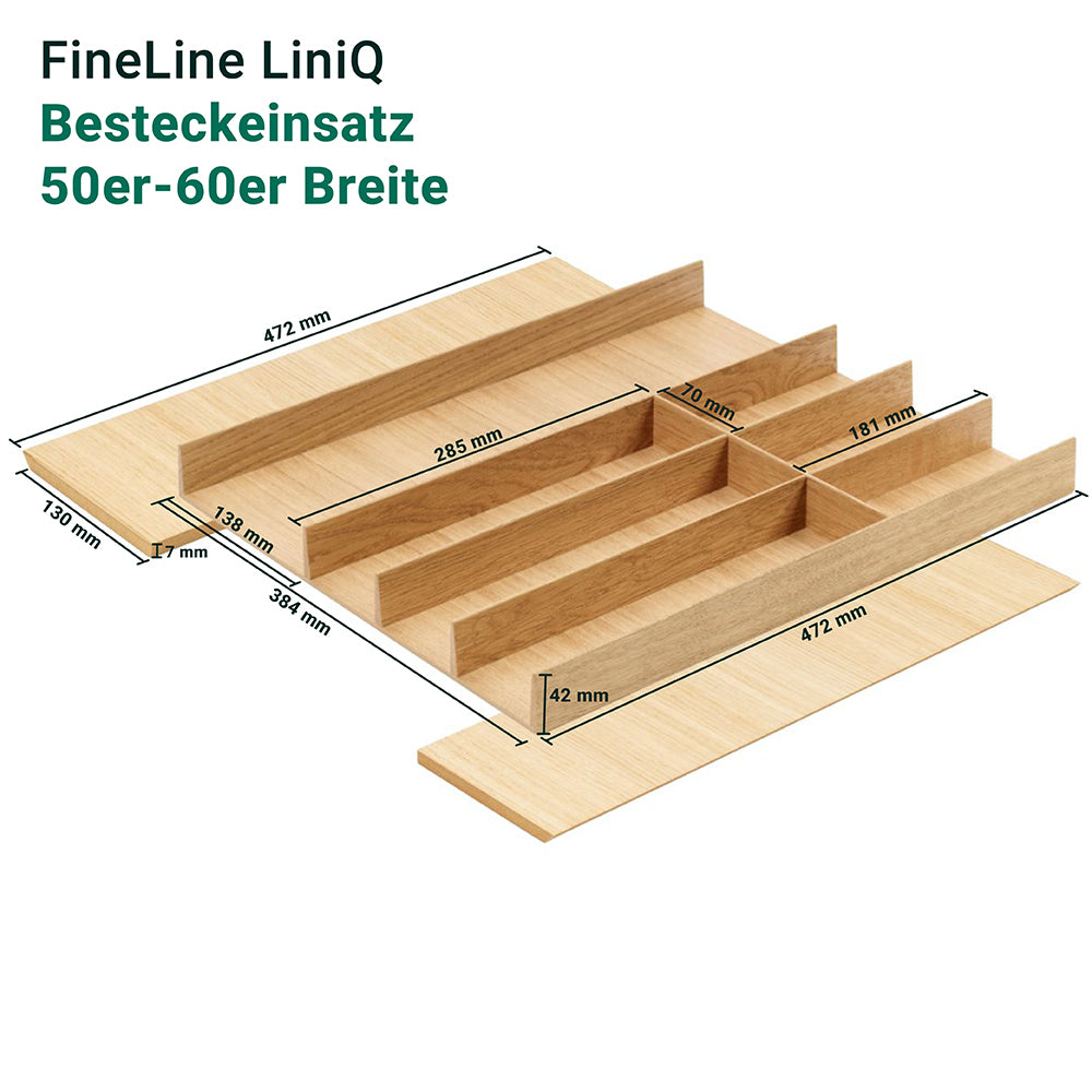 Der FineLine LiniQ Besteckeinsatz - Besteckkasten zeichnet sich durch ein minimalistisches Design mit mehreren Fächern in verschiedenen Größen für Küchenutensilien aus, wobei jedes Fach mit genauen Millimetermaßen für 50-60 cm breite Schubladen beschriftet ist.