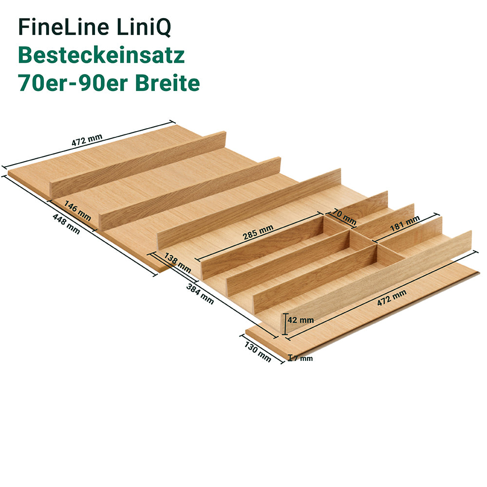 Der FineLine LiniQ Besteckeinsatz - Besteckkasten ist ein hölzerner Besteckkasten mit mehreren Fächern, die in Millimetern beschriftet sind, und einem minimalistischen Design. Der grüne deutsche Text lautet: FineLine LiniQ Besteckeinsatz 70er-90er Breite.