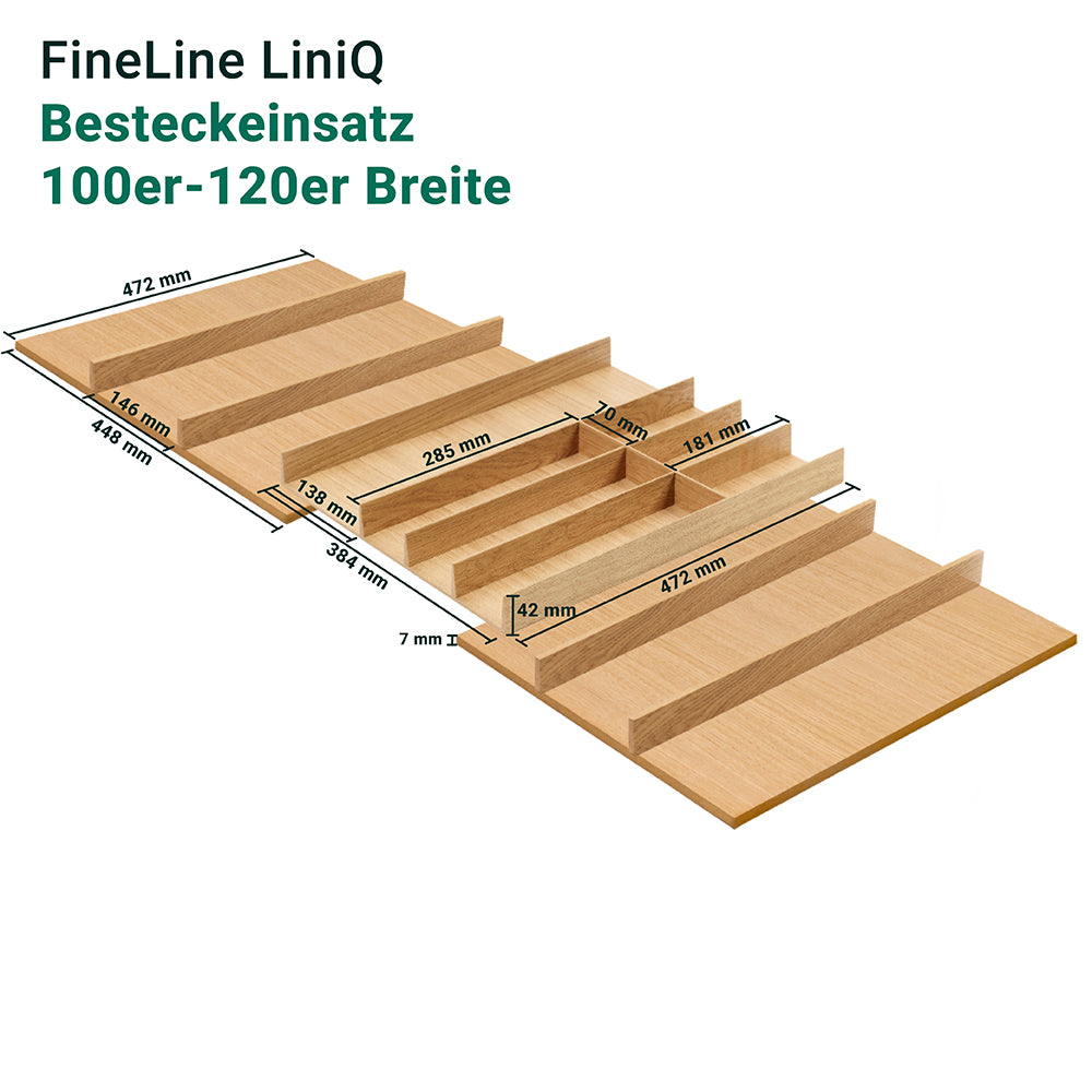 Der FineLine LiniQ Besteckeinsatz - Besteckkasten aus Holz bietet minimalistisches Design, beschriftete Fächer und Millimeterangaben - ideal zur Organisation von Küchenutensilien in 100-120 cm breiten Schubladen.