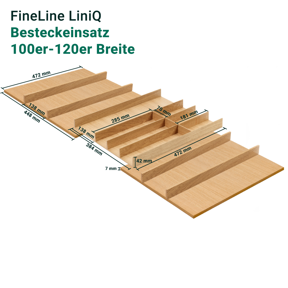 FineLine LiniQ Besteckeinsatz – Ordnungshilfe aus Holz für Schubladen mit Maßangaben in Millimetern.