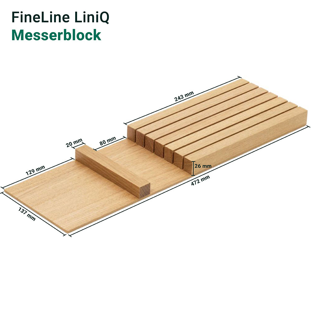 Schema des FineLine LiniQ Messerblocks mit beschrifteten Abmessungen in Millimetern, Schlitzen für die sichere Aufbewahrung von Messern und einem flachen Sockel - ideal für die Organisation in der Küche und für die ordentliche Unterbringung in der Schublade.