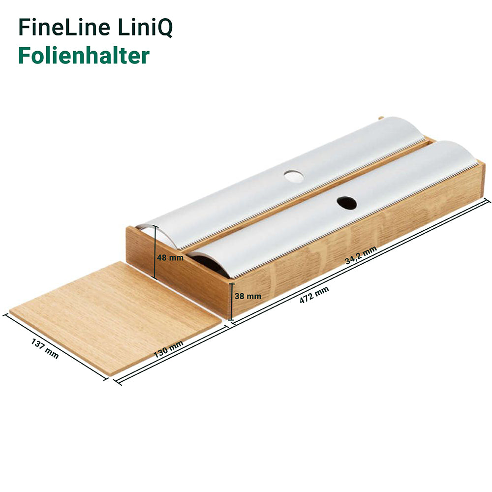 Der FineLine LiniQ Folienhalter aus Holz und Metall ist ideal für die Aufbewahrung von Frischhaltefolie und Alufolie. Abmessungen: 472 mm (L) x 137 mm (B) x 48 mm (H), mit einer Innenhöhe von 38 mm und einer Breite von 34,2 mm.