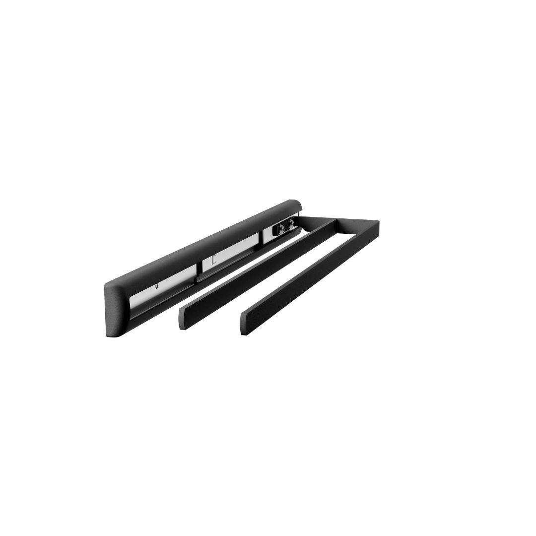 Der Handtuchauszug 2-armig ist ein schwarzes Wandmontageset mit zwei parallelen Armen und einer rückseitigen Montageplatte, perfekt für Küchen und platzsparend, isoliert auf weißem Hintergrund dargestellt.
