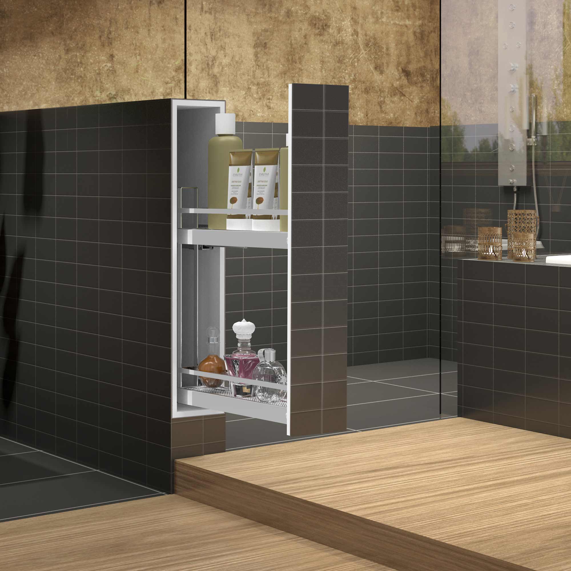 In eine Duschtrennwand integrierter Auszug in einem Badezimmer.