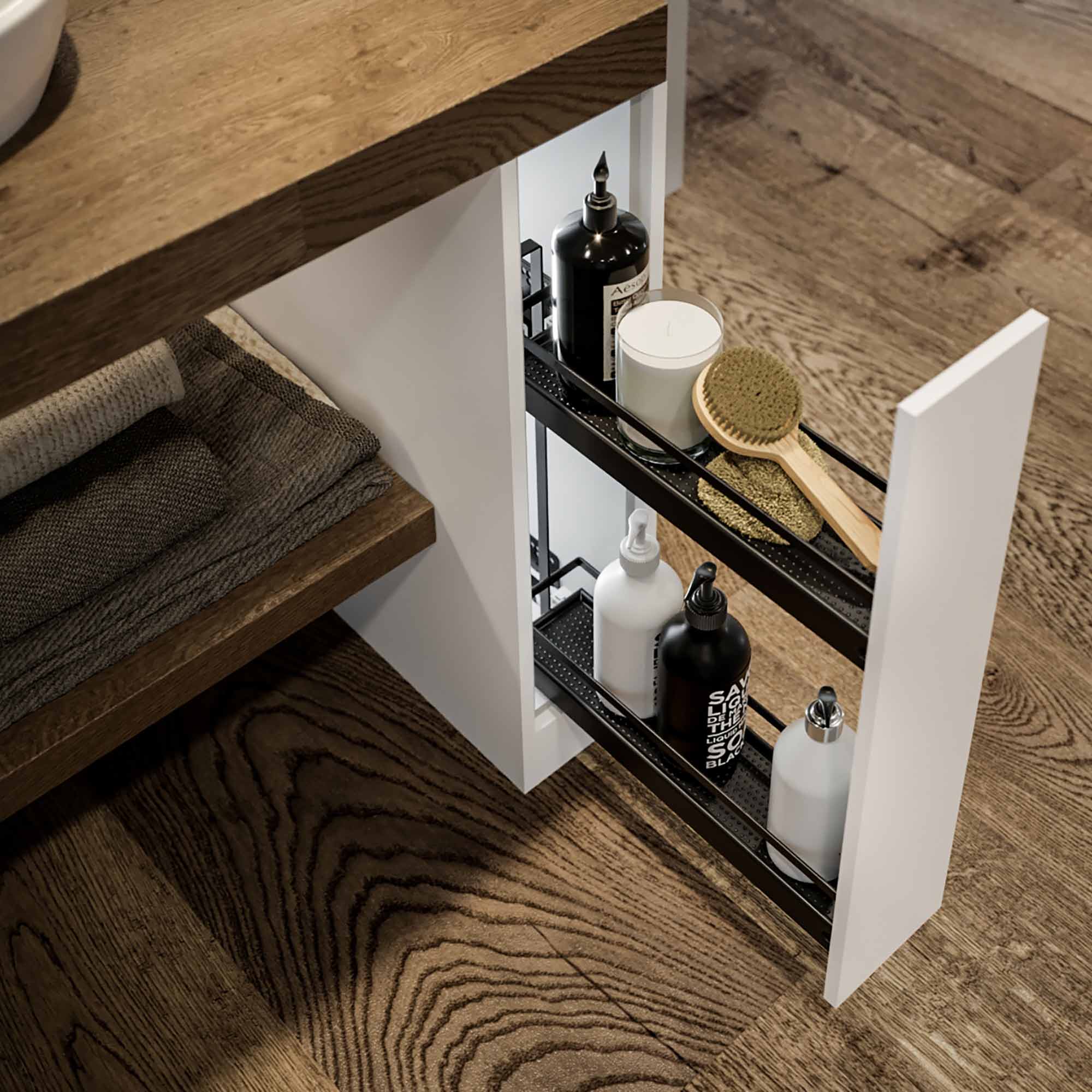 In den Waschtisch integrierter Auszug mit weißer Front und anthrazitfarbenem Innenleben.