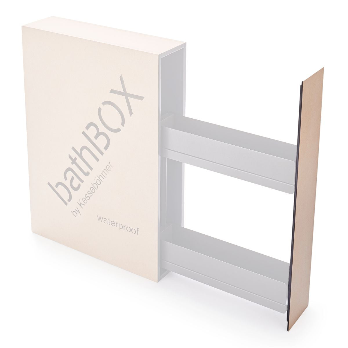 Ein rechteckiges weißes bathBOX15 Front - Ersatzteil von Kesseböhmer, bei dem die Frontplatte teilweise ausgefahren ist und zwei Metallschienen im Inneren sichtbar werden. Dieses Original-Ersatzteil zeichnet sich durch das innovative bathBOX Front-Design aus.