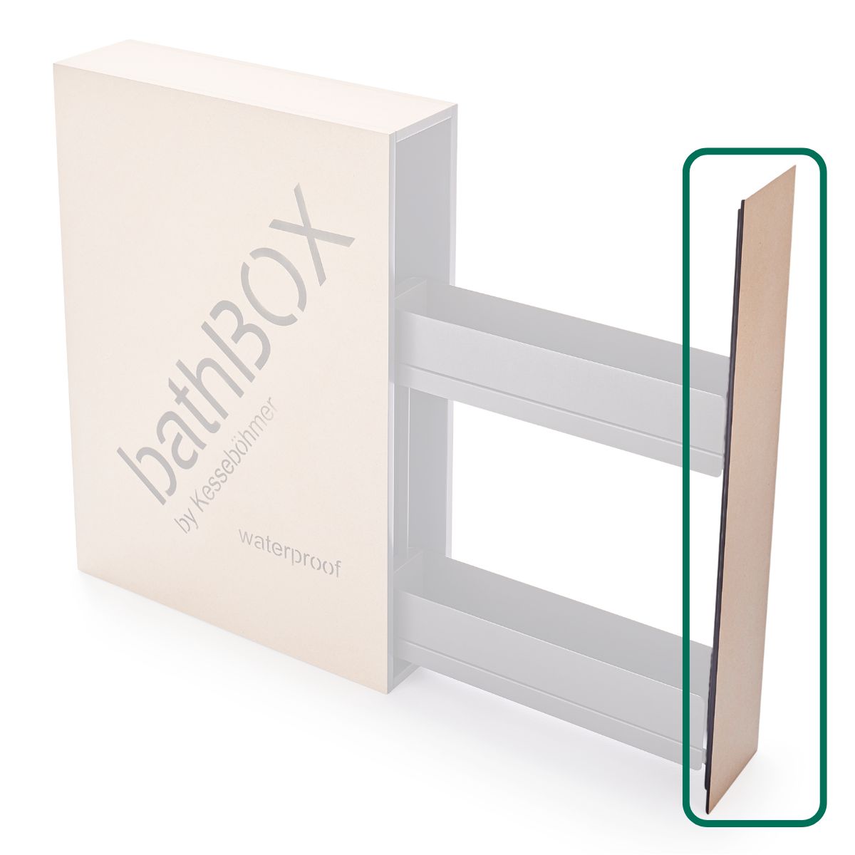 Die wandmontierte, rechteckige bathBOX15 von Kesseböhmer wird mit ihrem wasserdichten bathBOX15 Front - Ersatzteilpaneel auf Metallschienen ausgefahren gezeigt. Ein Einsatz verdeutlicht die Kante und die Dicke der Platte als Original-Ersatzteil.