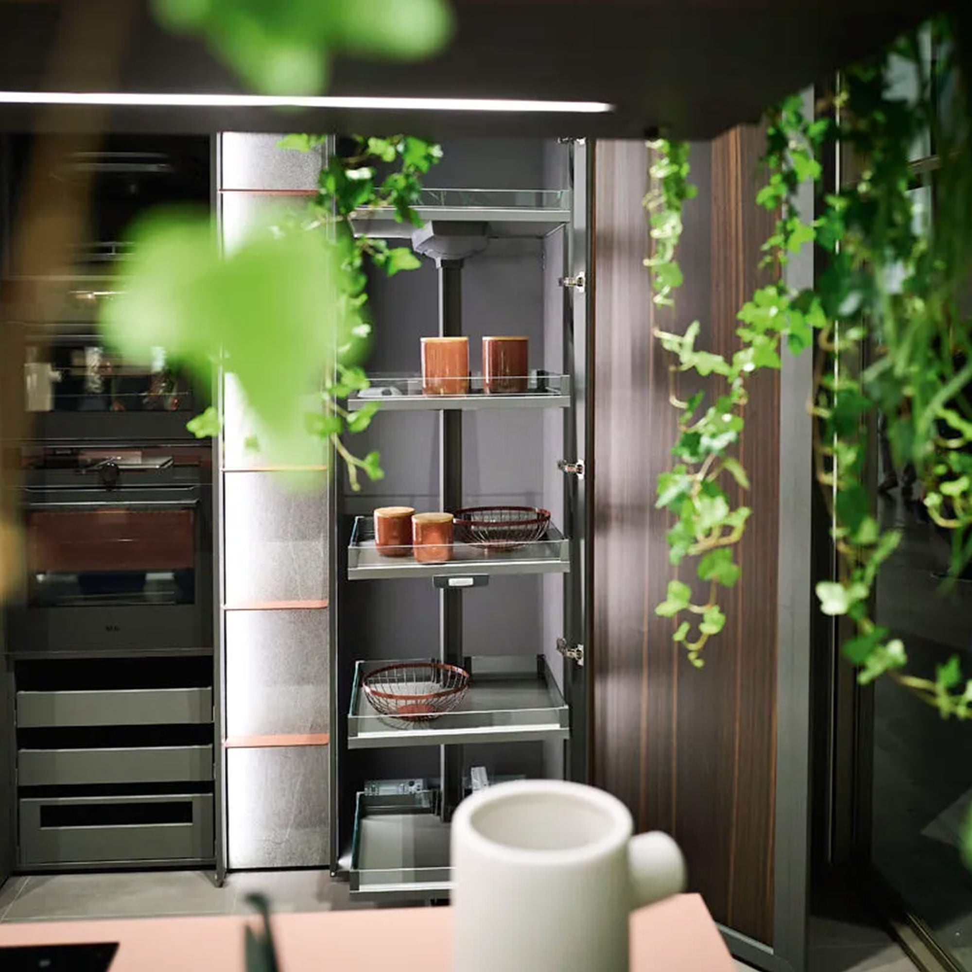 Eine moderne Küchenszene mit Glasregalen mit braunen Tassen und Schalen, umgeben von grünen Blattpflanzen. Ein weißer Becher steht auf einer Arbeitsplatte im Vordergrund und verleiht der Szene einen gemütlichen Touch.