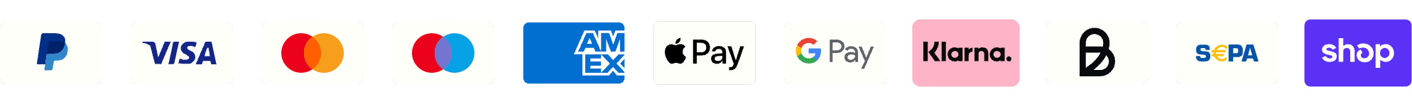 Eine Reihe von Logos für Zahlungsarten, darunter PayPal, Visa, Mastercard, American Express, Apple Pay, Google Pay, Klarna, SEPA und Shipp.