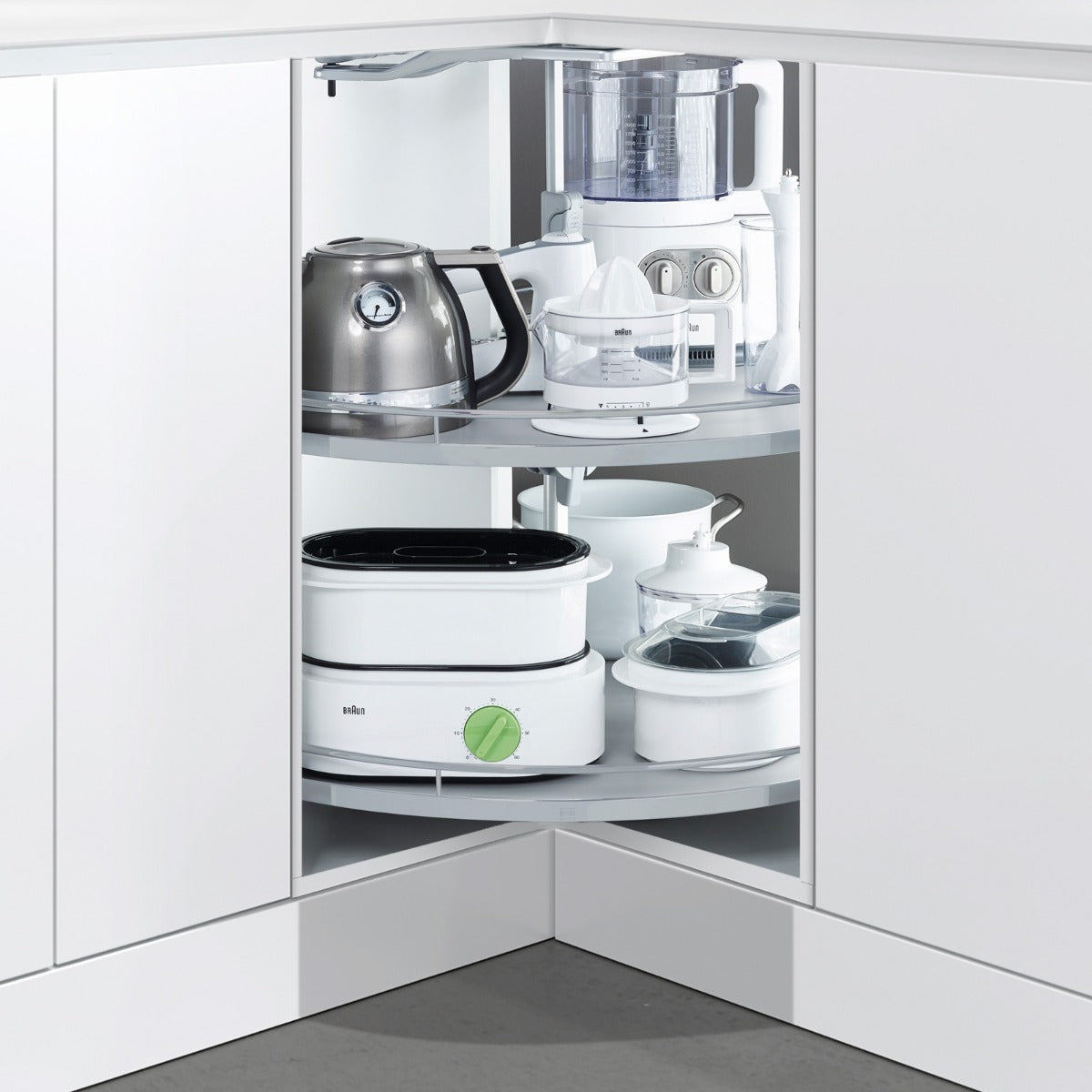 REVO silbergrau mit ARENA classic Tablaren für 80 / 90 Eckschrank / Kesseböhmer