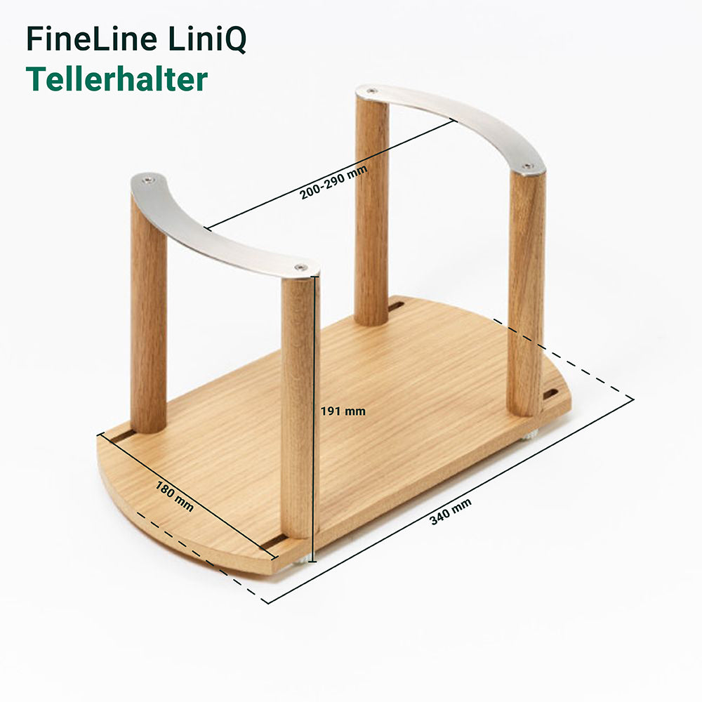 Der FineLine Tellerhalter für die Schublade aus Holz und Metall hat verstellbare Arme (Armhöhe 191 mm, Armweite 200-290 mm) und misst auf der Basis 340 x 160 mm - ideal zur Aufbewahrung von Tellern im Schubkasten.