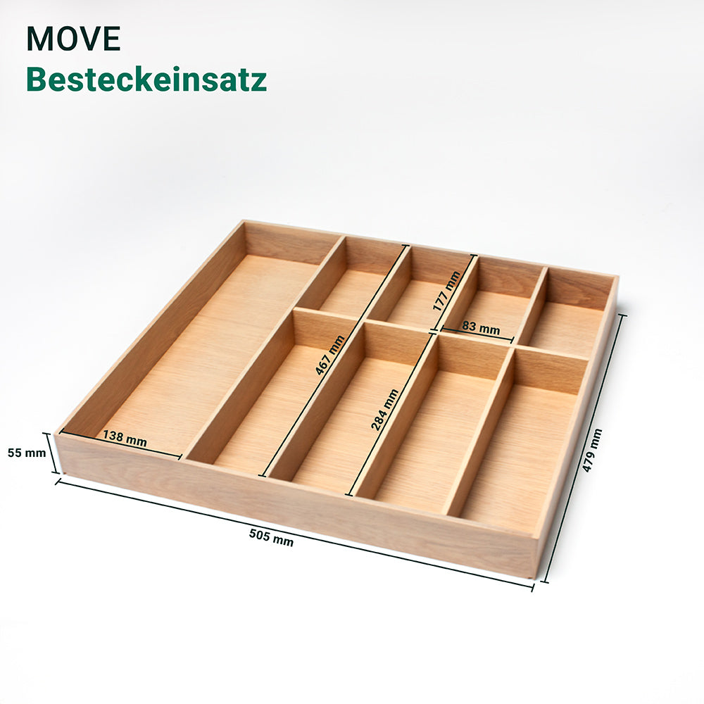 Der MOVE Besteckeinsatz Eiche Weiß gebeizt ist ein hölzerner Besteckeinsatz (505x479x55 mm) mit unterschiedlich großen Fächern, die jeweils in Millimetern beschriftet sind. Er passt zu Nova Pro Schubladen und hat eine stilvolle weiß gebeizte Eiche Oberfläche.