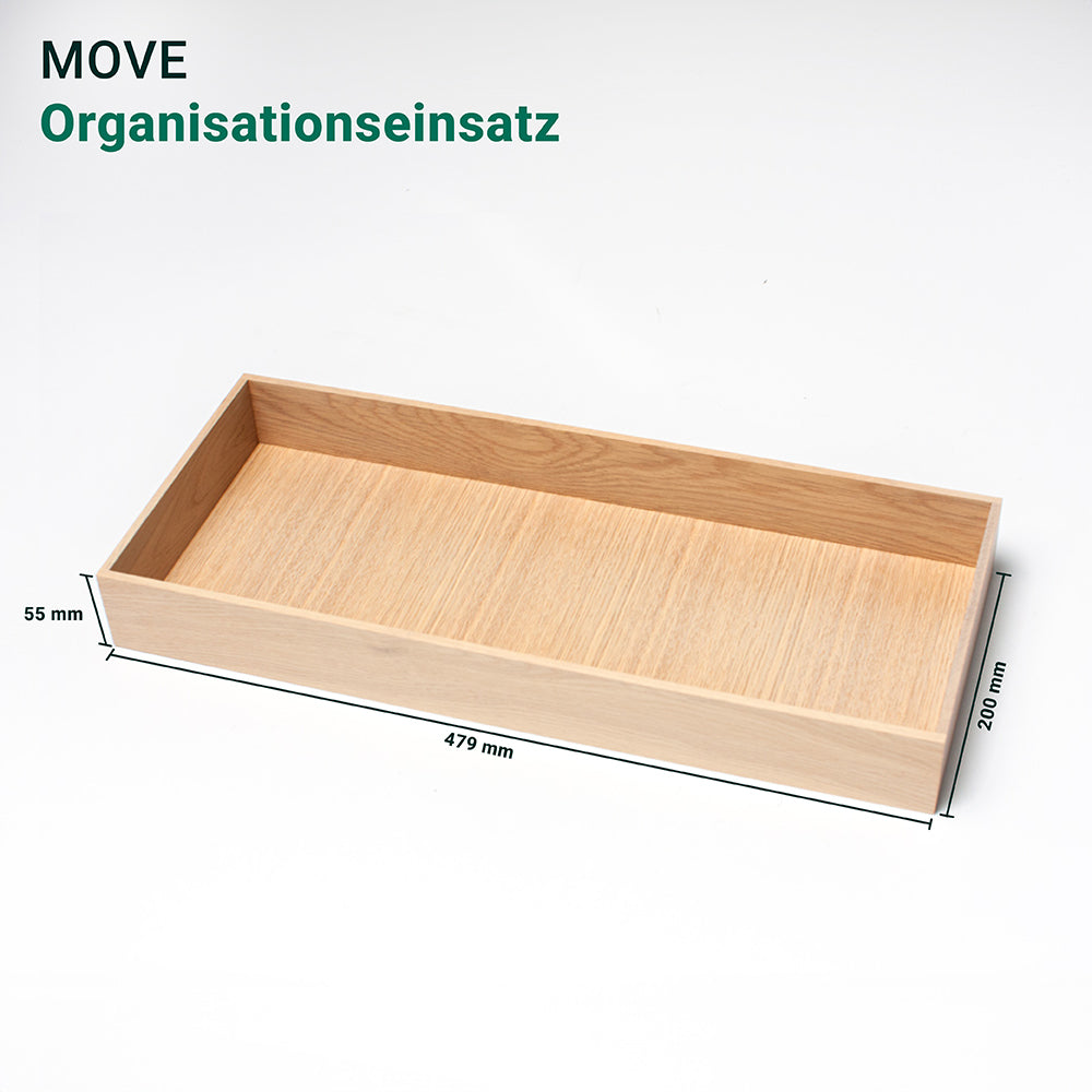 Der MOVE Organisationseinsatz Eiche Weiß beizt Schubladenorganizer mit den Maßen 200x479x55 mm ist auf weißem Hintergrund mit dem Text "MOVE Organisationseinsatz" darüber abgebildet.