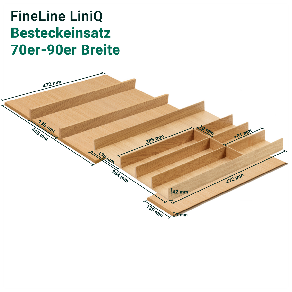 FineLine LiniQ Besteckeinsatz – Besteckkasten aus Holz mit verstellbaren Trennwänden und Maßangaben in Millimetern.
