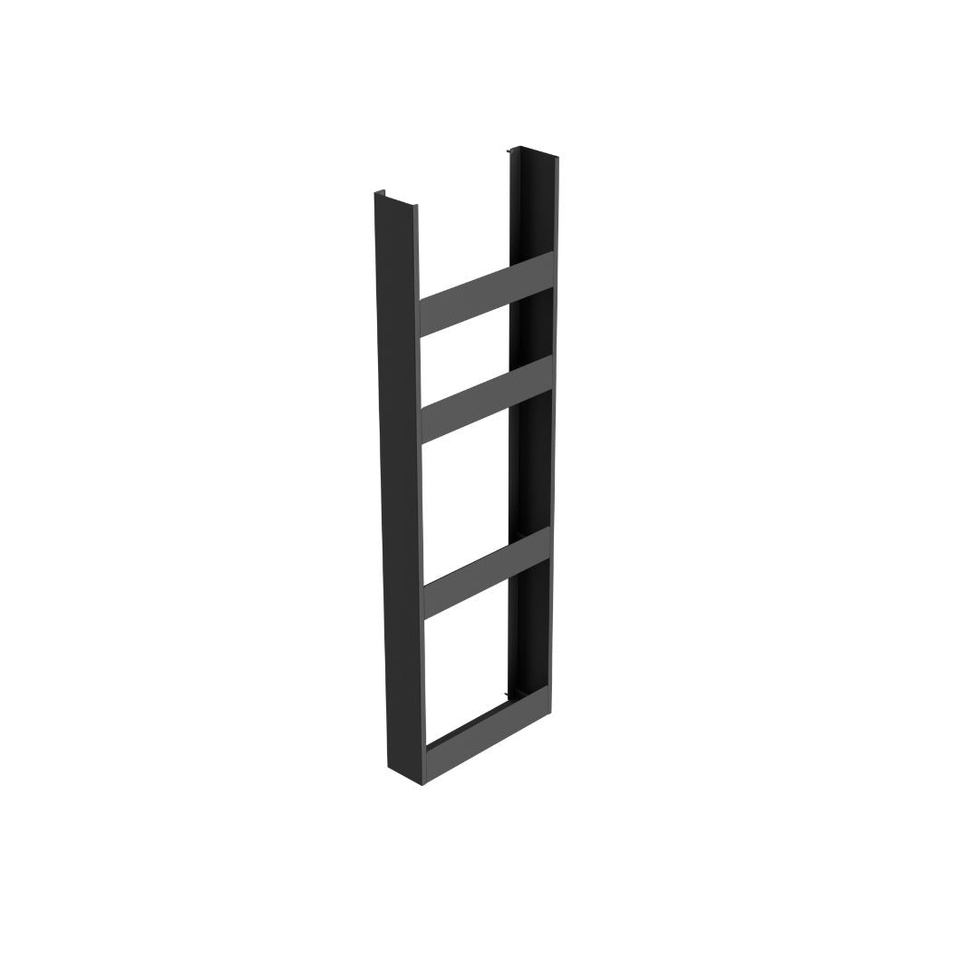 Die K-Line Side EasyRack ist eine elegante schwarze Metallleiter mit vier rechteckigen Sprossen, perfekt für Hochschrank Organisation oder platzsparende Aufbewahrung, die vor einem schlichten weißen Hintergrund präsentiert wird.