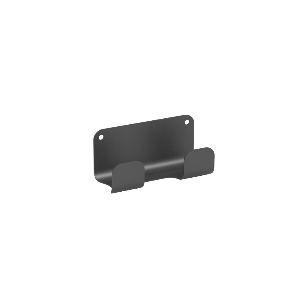 Der K-Line Seitenschlauchhalter ist ein schwarzer Wandhalter aus Metall mit einer rechteckigen Rückwand und zwei abgerundeten Haken, ideal zum Aufhängen von Taschen oder Staubsaugerschlauch. Sein modernes, schlichtes Design verfügt über zwei Löcher für eine einfache Montage.