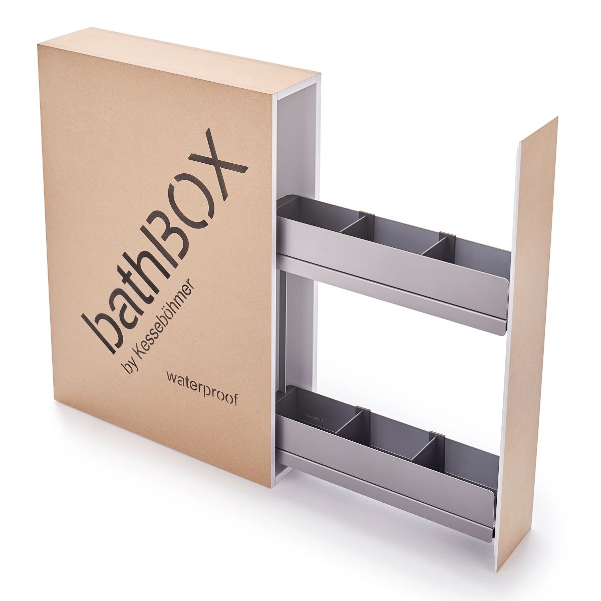 Die bathBOX - Unterputz Schrank Modul & WC Trennwand ist eine rechteckige, wandmontierte Aufbewahrungslösung für das Badezimmer. Sie verfügt über Komfortbeschläge, eine Schiebetür und wasserdichte Fächer für eine organisierte und bequeme Nutzung.